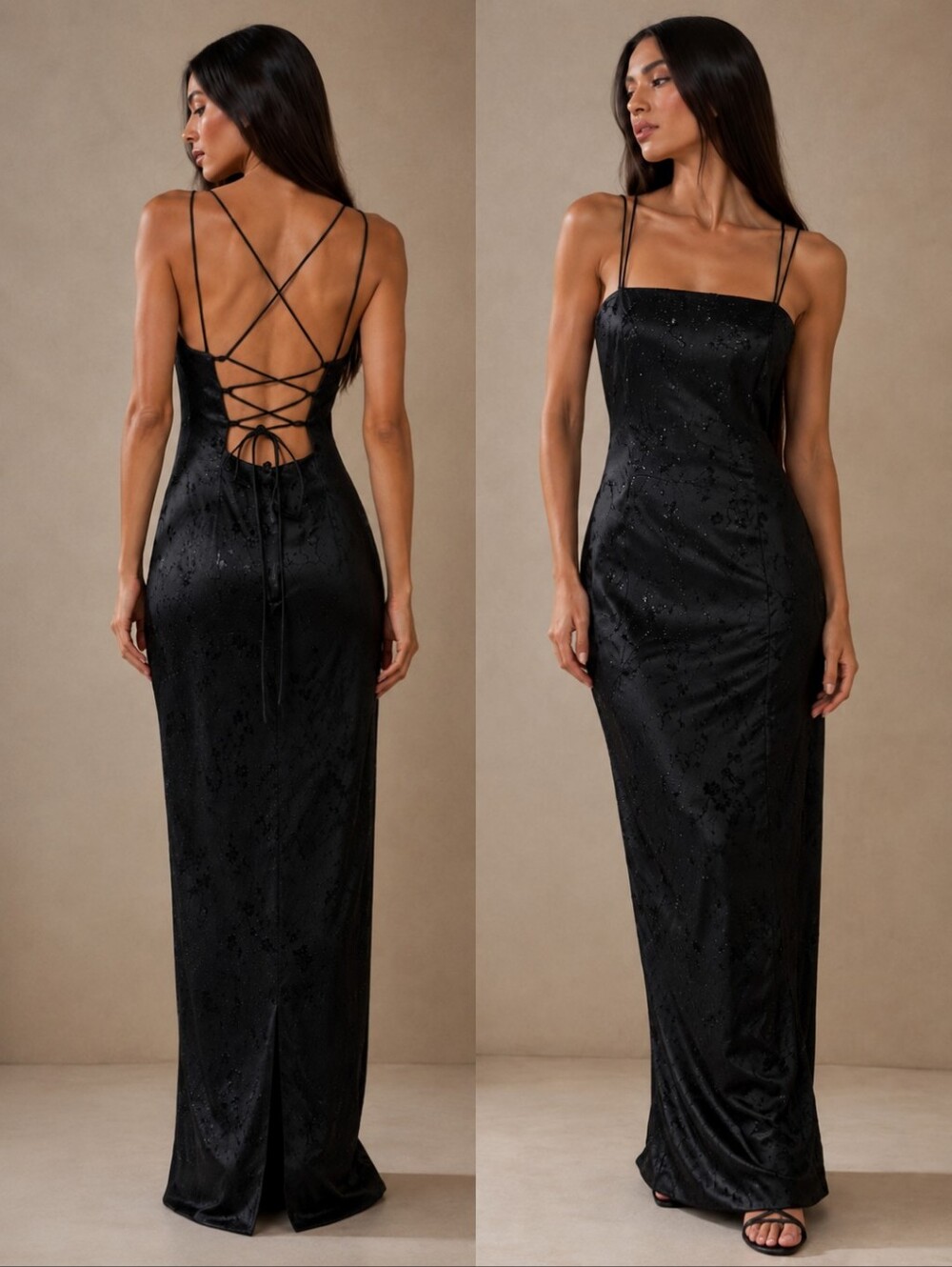 Y2K Black Lace-Up Back  Slip Column Sparkly Textured Sexy Maxi Dress NWT M